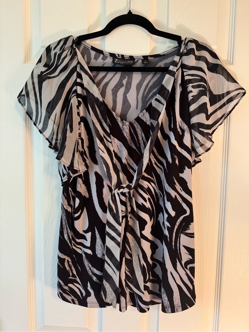 New York & Company Black and White Zebra Tie-Front Flutter Blouse